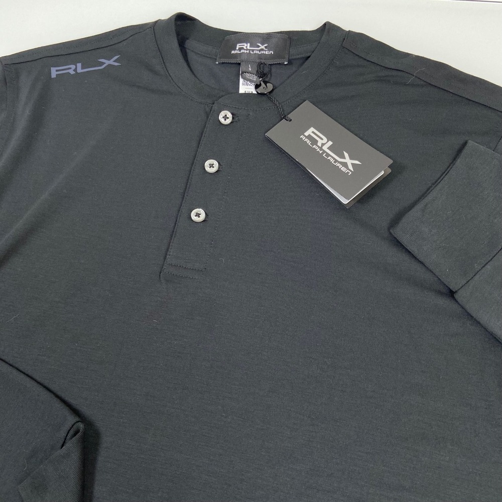 RLX Ralph Lauren Mens Large Black Henley Shirt New Long Sleeve Golf Performance